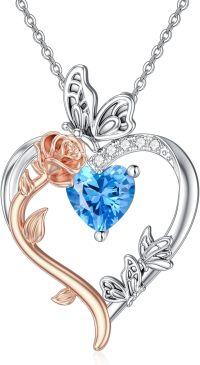 wholesale TOUPOP March Birthstone Necklace 925 Sterling Silver Rose Heart Aquamarine Necklace Heart Butterfly Pendant Necklace Jewelry Anniversary Birthday Christmas Gifts For Women Her Wife Girlfriend Mom -undefined