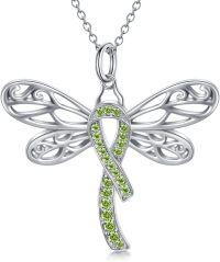 wholesale Sterling Silver & Austrian Crystal Green Ribbon Necklace for Mental Health & Cancer Awareness (23-31mm)-02-Dragonfly-green