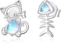 wholesale 925 Sterling Silver Moonstone Cat & Fishbone Stud Earrings - Adorable Animal  for Women Girls-Silver