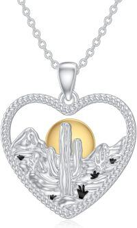 wholesale 925 Sterling Silver Heart-Shaped Desert Landscape with Gold Sun and Black Mountains Pendant - Faith & Hope  for Women-Cactus