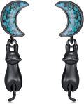wholesale 925 Sterling Silver Black Cat & Turquoise Stone Crescent Moon Drop Earrings - Halloween  for Her-0-0