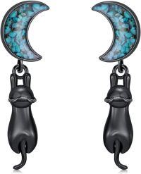 wholesale 925 Sterling Silver Black Cat & Turquoise Stone Crescent Moon Drop Earrings - Halloween  for Her-Cat Turquoise