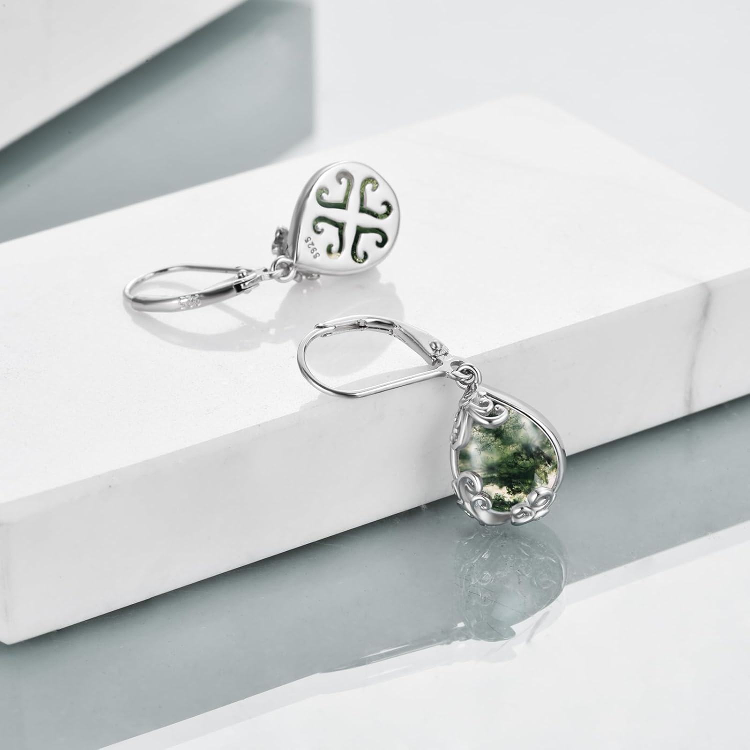 wholesale 925 Sterling Silver Green Moss Agate Filigree Teardrop Dangle Leverback Earrings-0-4