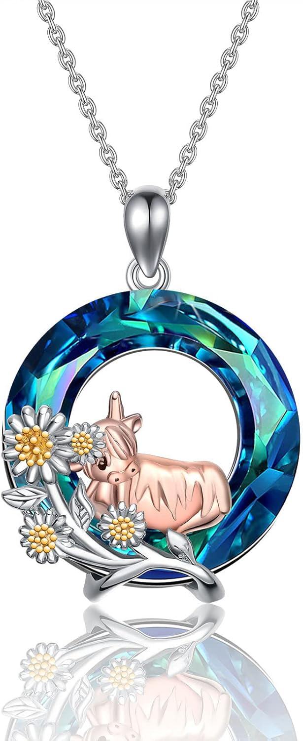 Sterling Silver Crystal Animal Necklace Pendant Jewelry Gift for Women-Highland Cow A