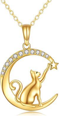 wholesale 14K Gold Crescent Moon & Star Cat Pendant Necklace for Women - Cat Lovers' s-Moon Cat Necklace