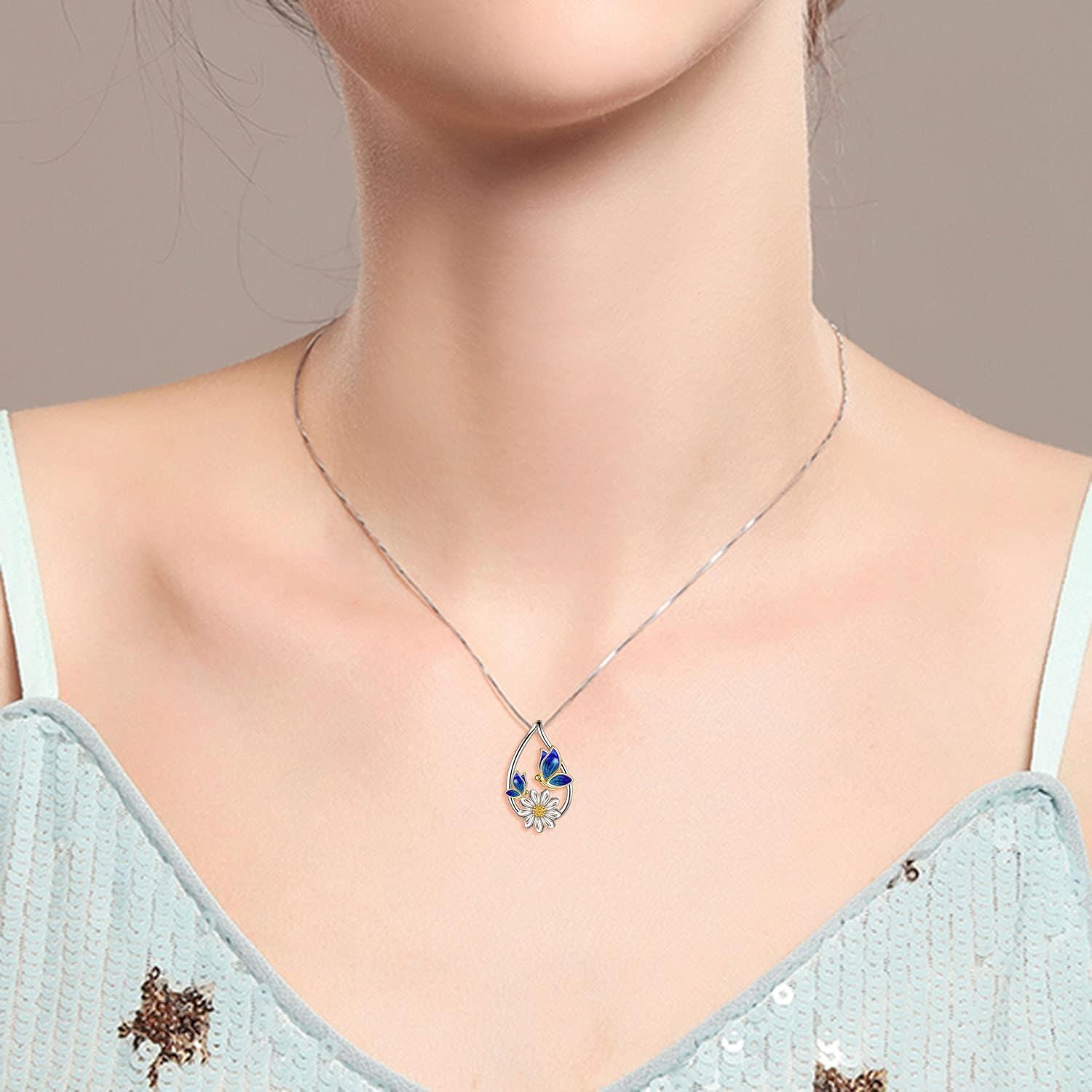 Sterling Silver Daisy Flower Butterfly Teardrop Pendant Necklace Jewelry Gift-0-1