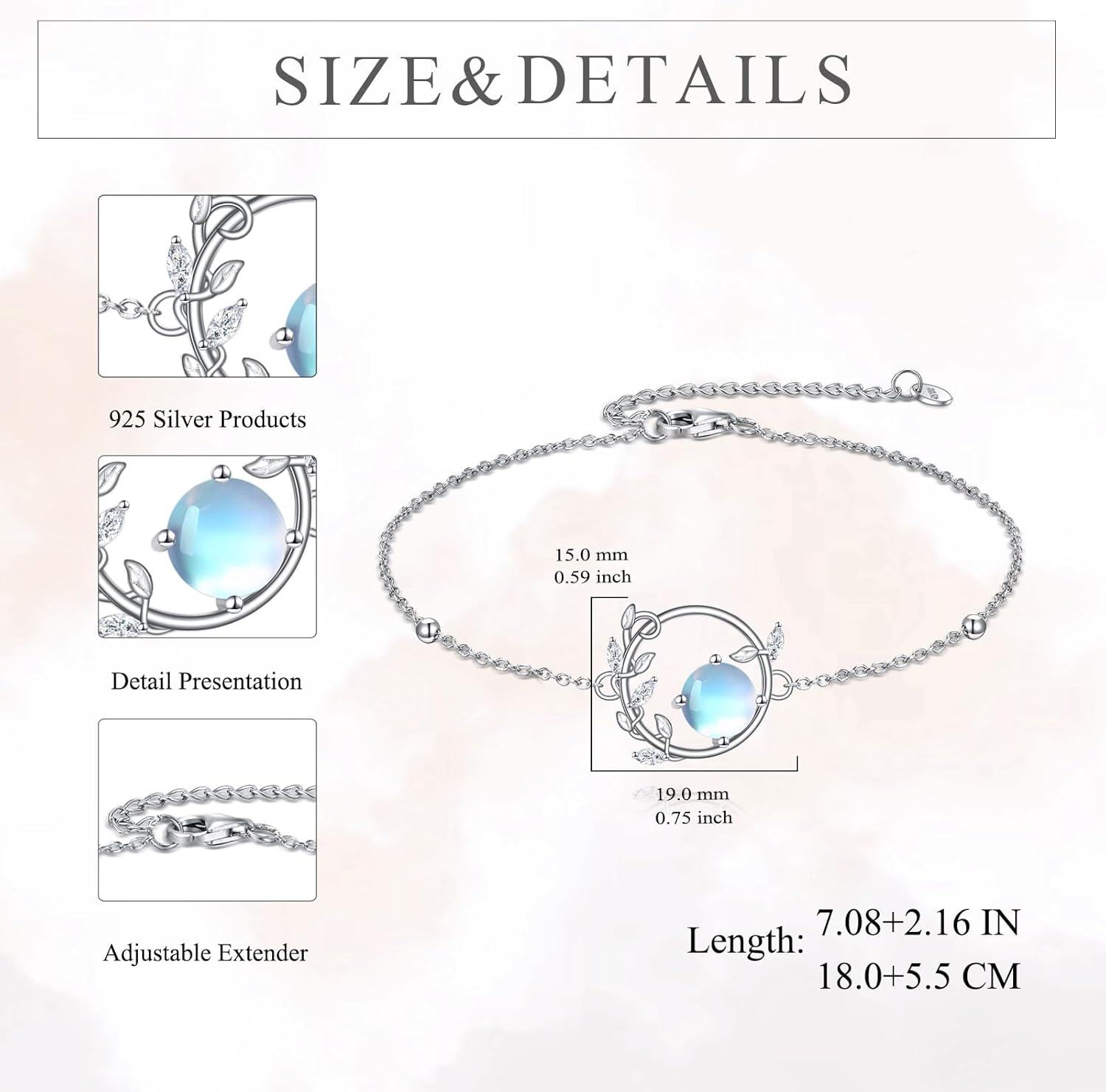 wholesale 925 Sterling Silver Moonstone Leaf Design Adjustable Bracelet for Women Gifts-0-4