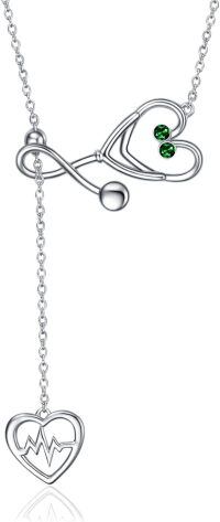 wholesale Sterling Silver Stone Caduceus Angel Nursing Stethoscope Pendant 18 -Emerald Green Cubic Zirconial - May Birthstone