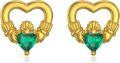 wholesale 14K Gold Heart-Shaped Emerald Stud Earrings with Claddagh Design and Leverbacks-0-0