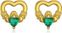 wholesale 14K Gold Heart-Shaped Emerald Stud Earrings with Claddagh Design and Leverbacks-Claddagh