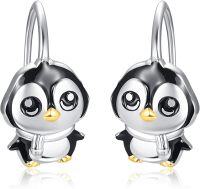 wholesale 925 Sterling Silver Animal Leverback Hoop Earrings Axolotl Cat Sloth Dog Fox Huggie Hypoallergenic Jewelry Gifts for Women Teens-Penguin