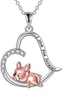 wholesale 925 Sterling Silver Dog in Heart Shape Pendant Necklace with Cubic Zirconia and Engraved I Love You Forever for Women-French Bulldog