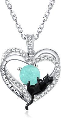 wholesale Sterling Silver Birthstone Cat Projection Heart Pendant Necklace-16-Sea Patterned Stone-16-Sea Patterned Stone