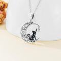 wholesale 925 Sterling Silver Crescent Moon with Black Cat and Pentagram Necklace-0-4