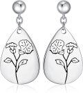 wholesale Sterling Silver Floral Teardrop Earrings w Birth Flower Engraved Gift for Women-0-15