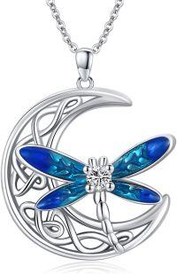 wholesale 925 Sterling Silver Blue Enamel Celtic Dragonfly Moonstone Pendant Necklace-Silver