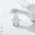 wholesale 925 Sterling Silver Hamsa Hand with Evil Eye & Lotus Pendant Necklace - Rainbow Stones-0-1