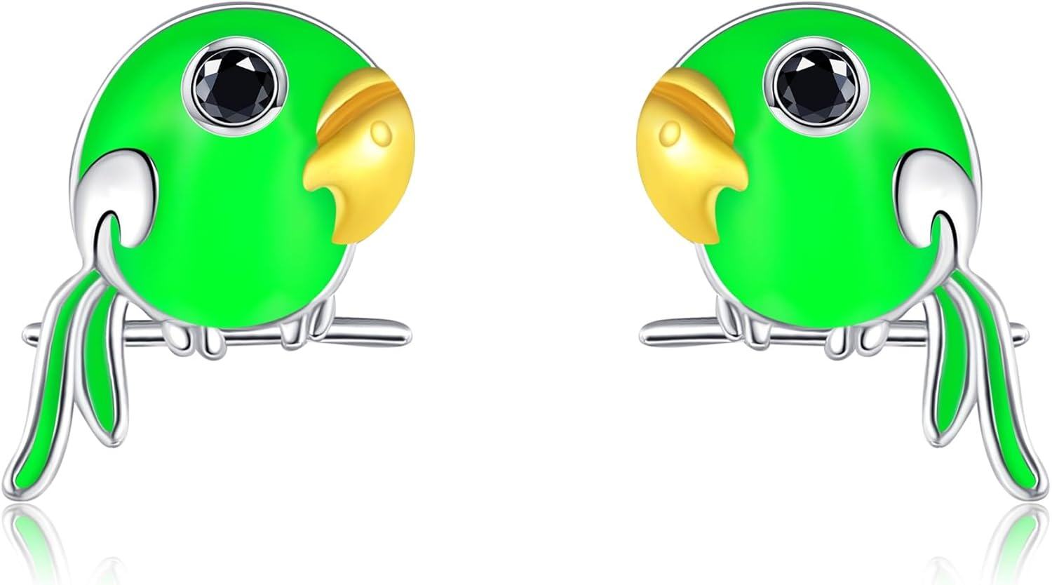 wholesale 925 Sterling Silver Metal Green Bird Stud Earrings with Black Rhinestone Eyes and Gold Beak-0-0