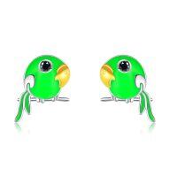 wholesale 925 Sterling Silver Green Enamel Parrot Black Crystal Stud Earrings-Parrot