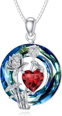 wholesale 925 Sterling Silver Crystal Birth Flower Birthstone Necklace 12 Month Floral Pendant Jewelry Women s Birthday Gift-07-July-Lotus
