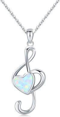 wholesale 925 Sterling Silver White Opal Heart Treble Clef Pendant Necklace for Women-Musical Note Necklace