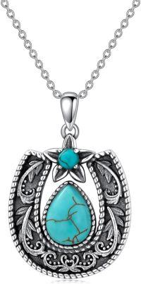 wholesale Sterling Silver Natural Turquoise Vintage Horseshoe Pendant Necklace 18+2 Chain Women s Birthday Gift-Horseshoe-C