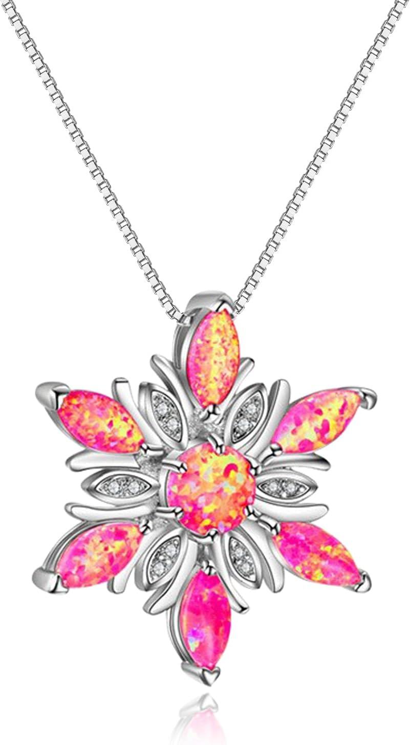 Sterling Silver Cubic Zirconia Opal Snowflake Necklace Winter Gift-0-0