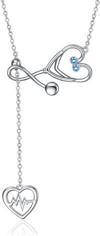 wholesale Sterling Silver Stone Caduceus Angel Nursing Stethoscope Pendant 18 -Aqua Blue Cubic Zirconial - December Birthstone