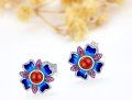 wholesale 925 Sterling Silver Blue Opal Pink Sapphire Red Coral Flower Stud Earrings - Chinese Style  for Women Girls-0-3