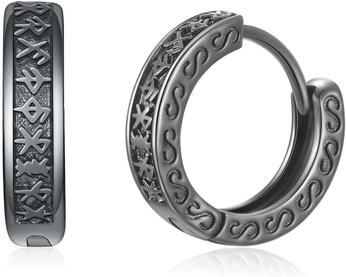 925 Sterling Silver Viking Rune Huggie Hoop Earrings for Men & Women-0-0