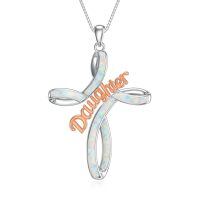 wholesale 925 Sterling Silver Turquoise and White Opal Celtic Cross Pendant Necklace for Women-White opal cross daughter necklace