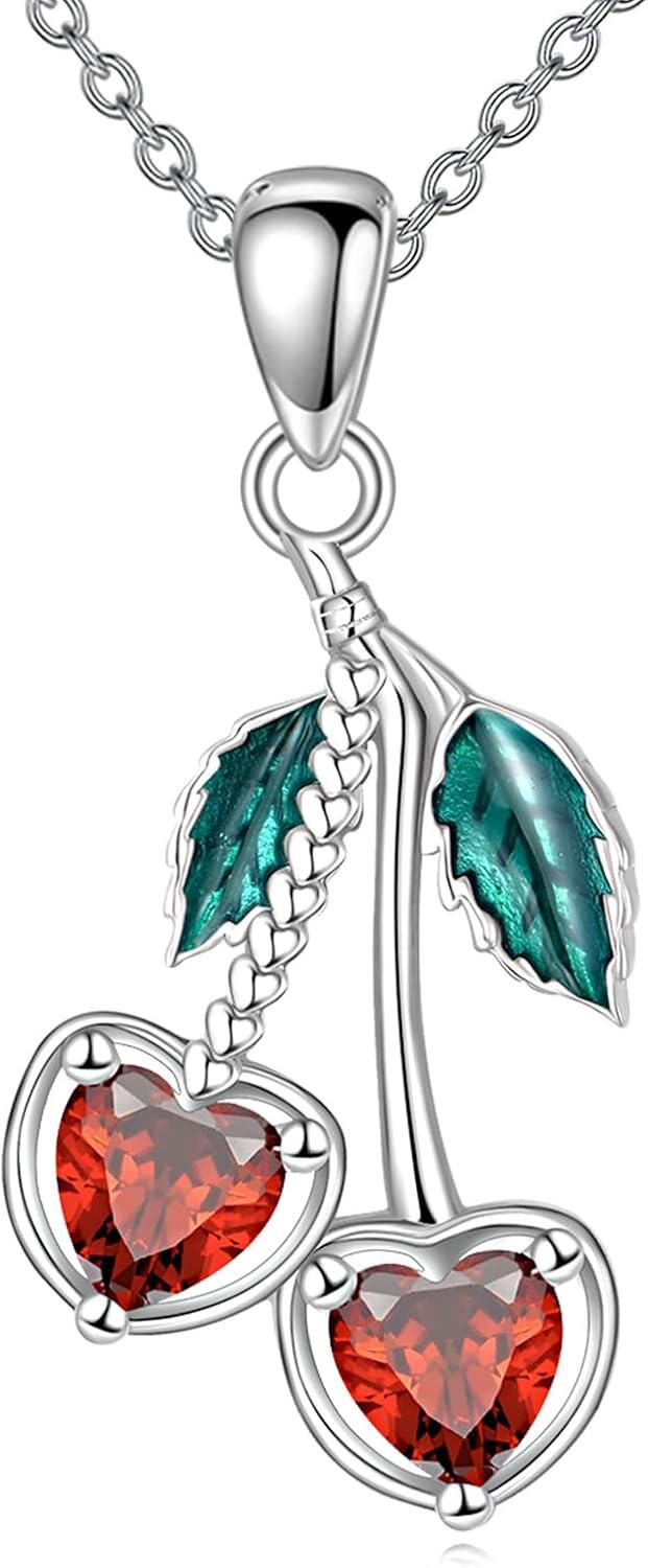 925 Sterling Silver Cherry Heart Pendant Red Crystal Fruit Charm Necklaces for Women Gifts-0-0