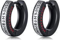 wholesale Black 925 Sterling Silver Viking Rune Hoop Earrings for Men & Women - Hypoallergenic Punk Style  Set-Black-Red Zirconia