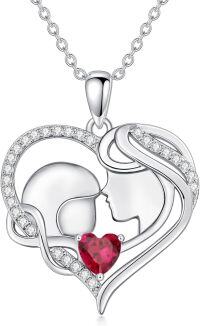 wholesale 925 Sterling Silver Birthstone Mother Love Heart Pendant Necklace-silver-7 July-Simulated Ruby