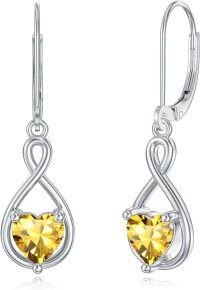wholesale 925 Sterling Silver Birthstone Infinity Heart Dangle Drop Leverback Earrings for Women-November-Citrine