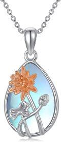 wholesale 925 Sterling Silver Blue Moonstone Lotus Birth Flower Pendant Necklaces Gifts for Women-0-0