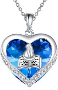 wholesale 925 Sterling Silver Heart-Shaped Pendant Necklace with Blue Swarovski Crystals and Cat Design for Women Girls Mom Wife-cat