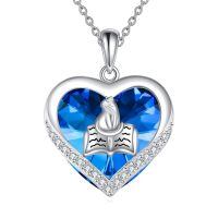 wholesale 925 Sterling Silver Heart-Shaped Pendant Necklace with Blue Swarovski Crystals and Cat Design for Women Girls Mom Wife-cat