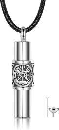 wholesale 925 Sterling Silver Norse Vegvisir Compass Urn Pendant with Funnel and Fill Tool - Viking Memorial Keepsake Jewelry for Ashes (Black Cord) -0-0