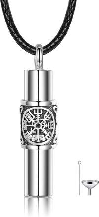 wholesale 925 Sterling Silver Norse Vegvisir Compass Urn Pendant with Funnel and Fill Tool - Viking Memorial Keepsake Jewelry for Ashes (Black Cord) -Viking