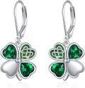 wholesale 925 Sterling Silver Green Crystal Four-Leaf Clover Leverback Earrings-0-0