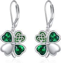 wholesale 925 Sterling Silver Green Crystal Four-Leaf Clover Leverback Earrings-Clover Earrings