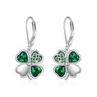 wholesale 925 Sterling Silver Green Crystal Four-Leaf Clover Leverback Earrings-Clover Earrings