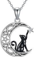 wholesale 925 Sterling Silver Crescent Moon Star Black Cat Necklace Pendant Jewelry for Women Girls Gifts 48cm Chain Length-0-0