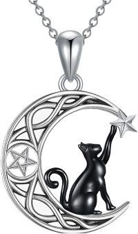 wholesale 925 Sterling Silver Crescent Moon Star Black Cat Necklace Pendant Jewelry for Women Girls Gifts 48cm Chain Length-Black cat star