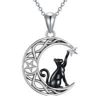 wholesale 925 Sterling Silver Crescent Moon Cat Pendant Necklace-Black cat star