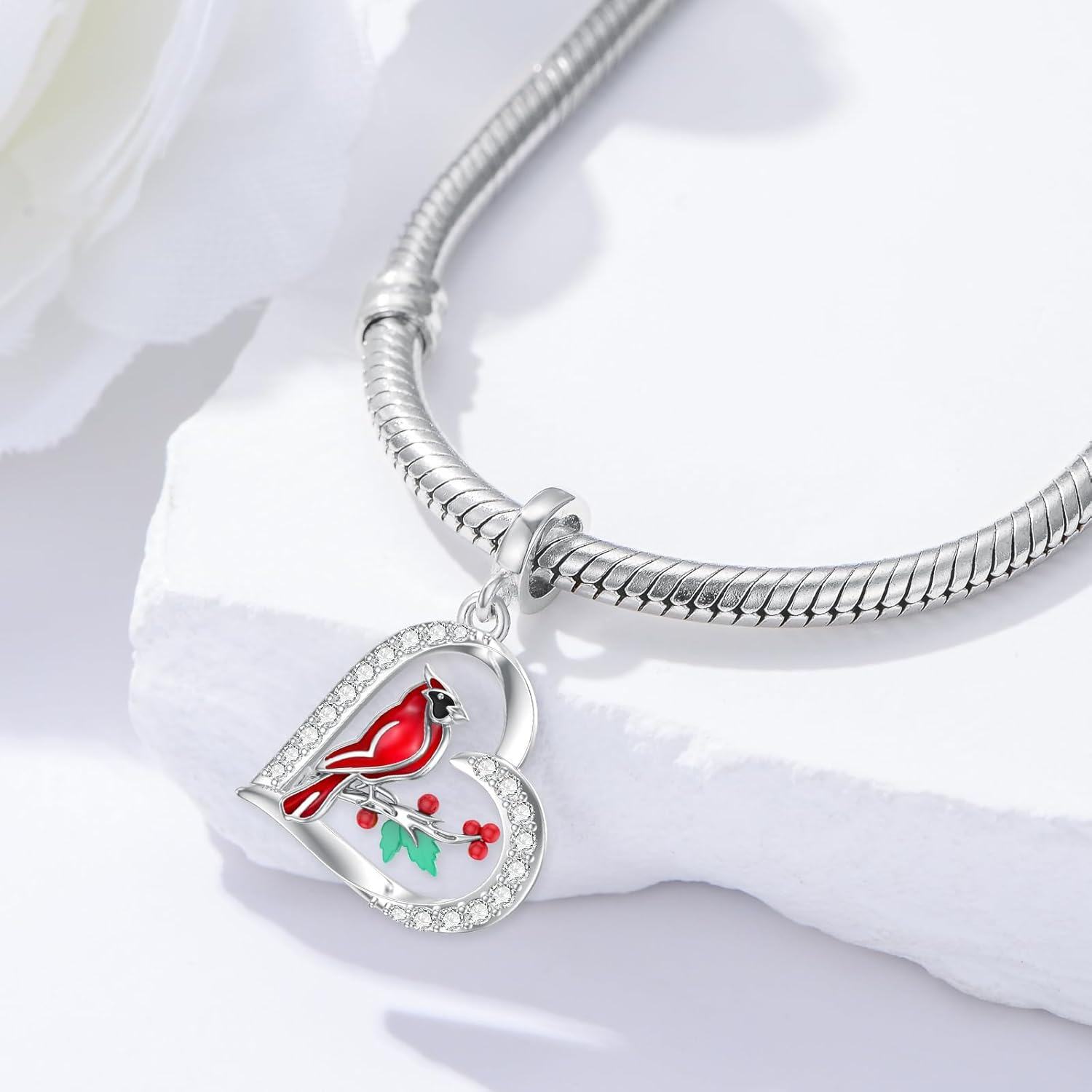 925 Sterling Silver Heart-Shaped Pendant with Red Cardinal and Berries Design for Bracelets or Necklaces-0-2