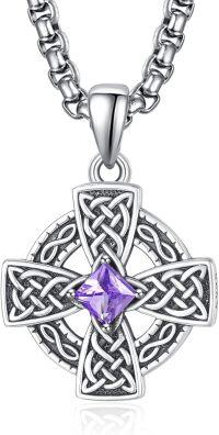 wholesale 925 Sterling Silver Birthstone Celtic Cross Necklace for Men Irish Jewelry 2 5mm 22 +2 Rolo Chain-02-Feb Birthstone