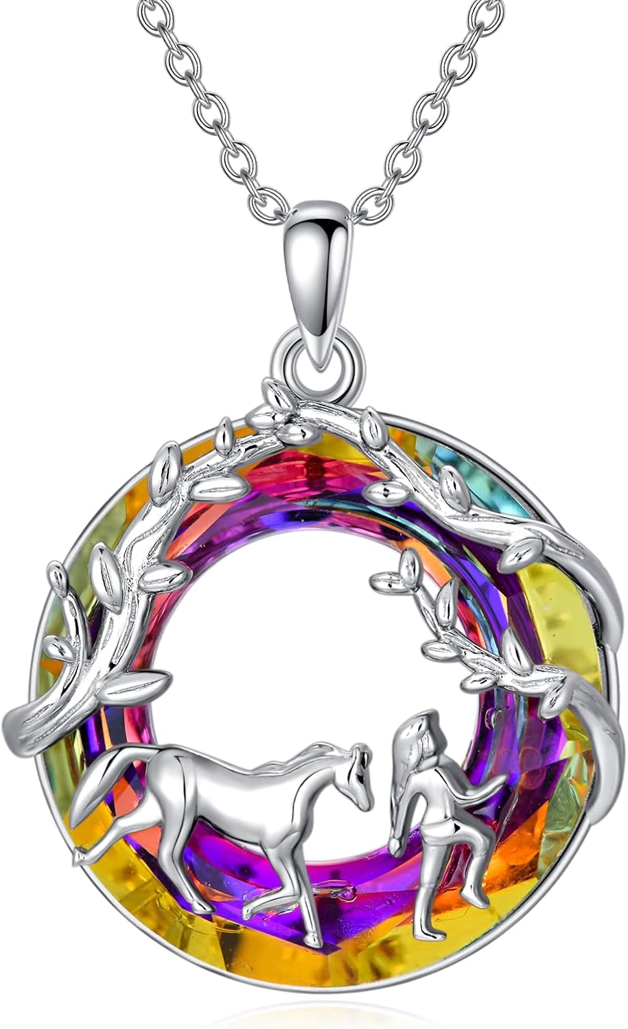 wholesale 925 Sterling Silver Rainbow Crystal Horse & Girl Pendant Necklace for Women-0-0