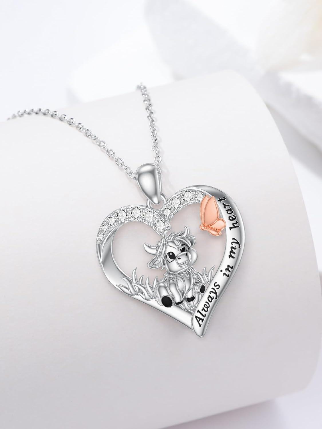925 Sterling Silver Cow Heart Pendant Necklace with Butterfly Charm and Cubic Zirconia Stones Gifts for Women-0-4